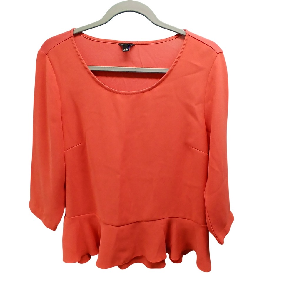 Ann Taylor Peplum Blouse S Coral Orange 3/4 Sleeve Career Office Chic